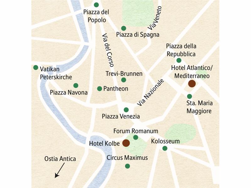 Der Stadtplan von Rom mit den wichtigsten Sehenswürdigkeiten unserer Familien-Studienreise, wie z.B. Forum Romanum, Vatikan, Kolosseum und Pantheon.