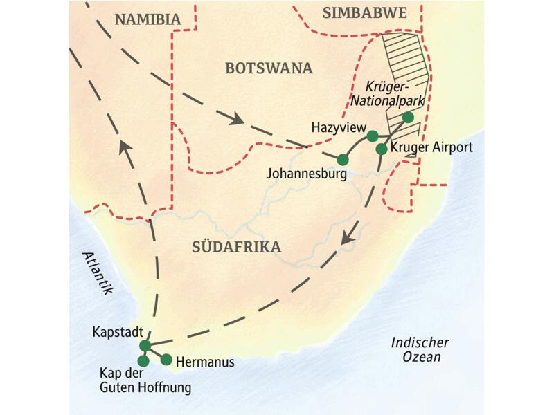 Die 14-tägige Familienreise nach Südafrika führt von Johannesburg in den Krüger-Nationalpark. Nach ausführlichen Safaritagen fliegen wir nach Kapstadt und besuchen Wale und das Kap der Guten Hoffnung.