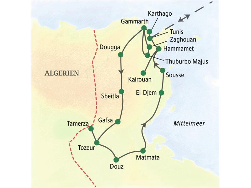 Auf unserer Studienreise nach Tunesien erleben wir die ganze Vielfalt des Landes: die Metropole Tunis, die Heilige Stadt Kairouan, kleine Wüstenorte, ehemalige römische Siedlungen und die Mitttelmeerküste.
