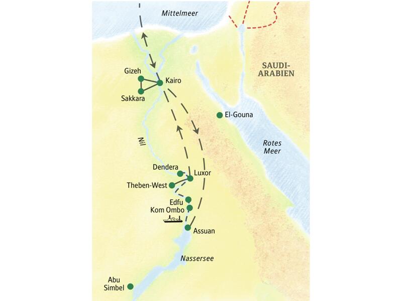 Mit dem Flugzeug erreichen Sie Kairo. Von dort aus werden Gizeh und Sakkara besucht. Dann Flug nach Assuan. Von dort aus geht es mit dem Schiff auf dem Nil Richtung Norden, Kom Ombo, Edfu, Esna und Dendera sind Stationen. Rückflug von Luxor nach Kairo und von dort in die Heimat.