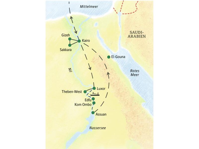 Auf der Kreuzfahrt-Studienreise Ägypten - Höhepunkte mit Nilkreuzfahrt kommen Sie nach Kairo, Gizeh, Sakkara, Luxor, Theben-West, Edfu, Kom Ombo und Assuan.