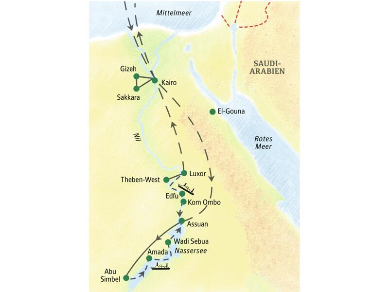 Auf Ihrer 11-tägigen Kreuzfahrt-Studienreise Ägypten - Nassersee, Luxor und Kairo kommen Sie unter anderem nach Luxor, Kom Ombo, Assuan, Abu Simbel, Kairo, Gizeh und Sakkara.