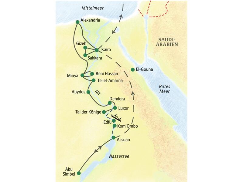 Die Route unserer 17-tägigen klassischen Studienreise durch Ägypten führt am Nil entlang von Kairo über Luxor nach Assuan. Wir sehen auch Abu Simbel.