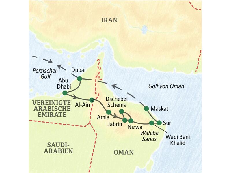 Auf unserer Studienreise Arabische Emirate-Oman - Höhepunkte kommen Sie unter anderem nach Dubai, Abu Dhabi, Nizwa, Wahiba Sands und Maskat.