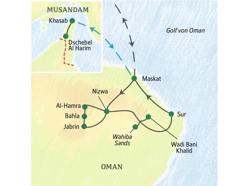 Bei unserer Studiosus-Reise in den Oman besuchen wir unter anderem Maskat, Sur, Nizwa, Wahiba Sands und fliegen in den Norden nach Khasab.