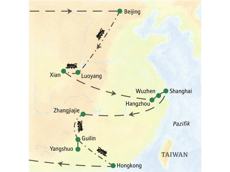 Bei der  umfassenden Studienreise nach China von Studiosus  sind u.a. Beijing, Xian, Luoyang, Shanghai, Wuzhen, Hangzhou, Zhangjiajie, Guilin, Yangshuo und Hongkong Stationen.
