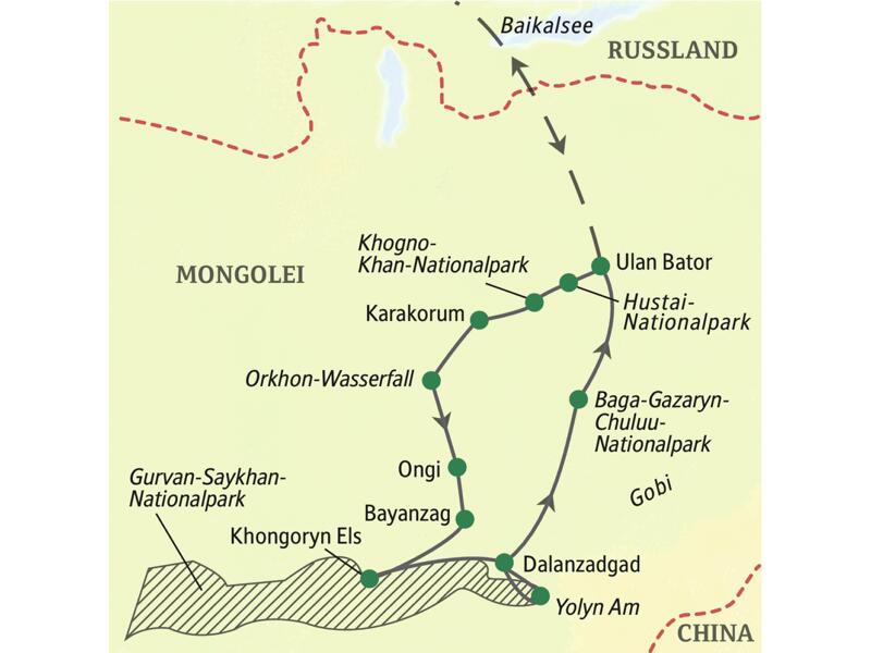 Die spannende Route dieser Expeditionsreise beginnt in der mongolischen Hauptstadt Ulan Bator, führt dann ins legendenumwobene Karakorum und ins Orkhon-Tal, später in den Süden in den Gurvan-Saykhan-Nationalpark und zur Wüste Gobi.