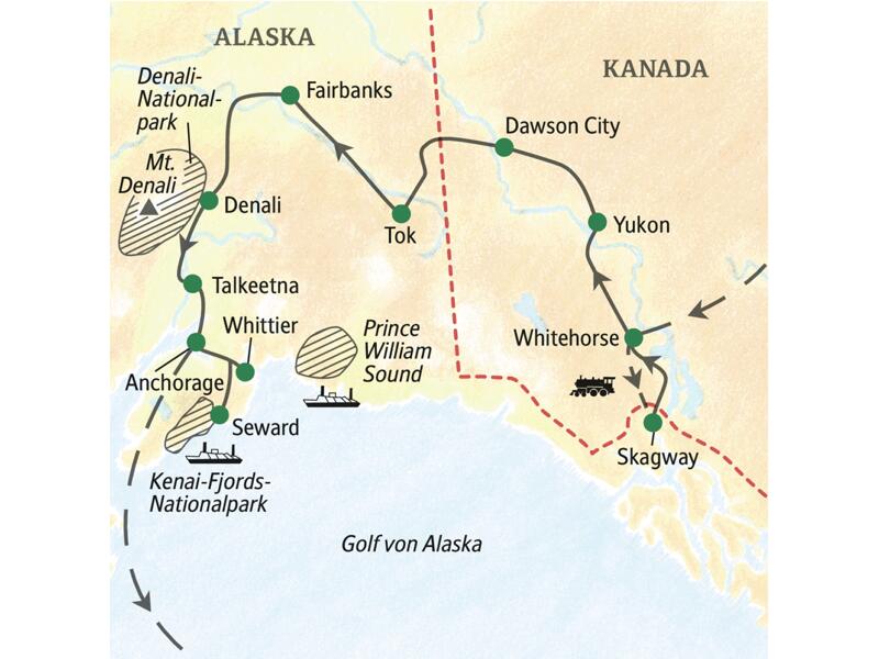 In gut zwei Wochen mit Studiosus zu den Highlights im kanadischen Yukon und in Alaska. Mit Denali-Nationalpark und erlebnisreichen Bootsfahrten im Prince William Sound zur Tierwelt im maritimen Teil von Alaska.