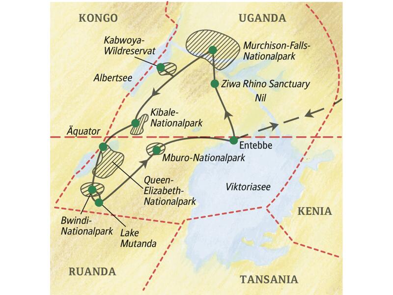 Einige Stationen der Studiosus-Naturerlebnisreise durch Uganda - mit Gorilla-Tracking: Entebbe, Ziwa Rhino Sanctuary, Kabwoya-Wildreservat, Kibale-, Bwindi- und Mburo-Nationalpark sowie Lake Mutanda.