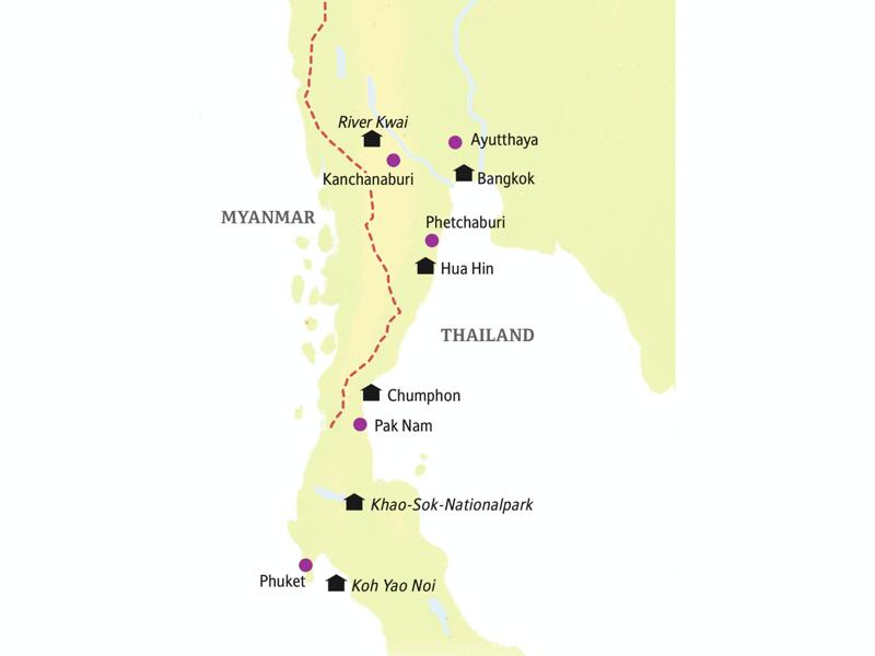 14 Tage Südthailand mit Studiosus-Reiseleiter und in kleiner Gruppe: Übernachtungen in Bangkok, im Regenwald am River Kwai und im Khao-Sok-Nationalpark und zum Abschluss auf der Trauminsel Koh Yao Noi.