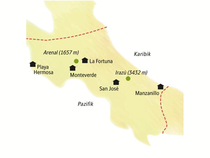 Unsere Reiseroute durch Costa Rica startet in San José und führt zunächst nach Manzanillo an die Karibikküste, danach über La Fortuna und Monteverde und schließlich an den Pazifik an die Playa Hermosa.