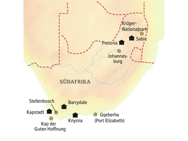 Stationen unserer Rundreise in kleiner Gruppe durch Südafrika: Sabie, Pretoria, Knysna, Barrydale und Constantia bei Kapstadt.