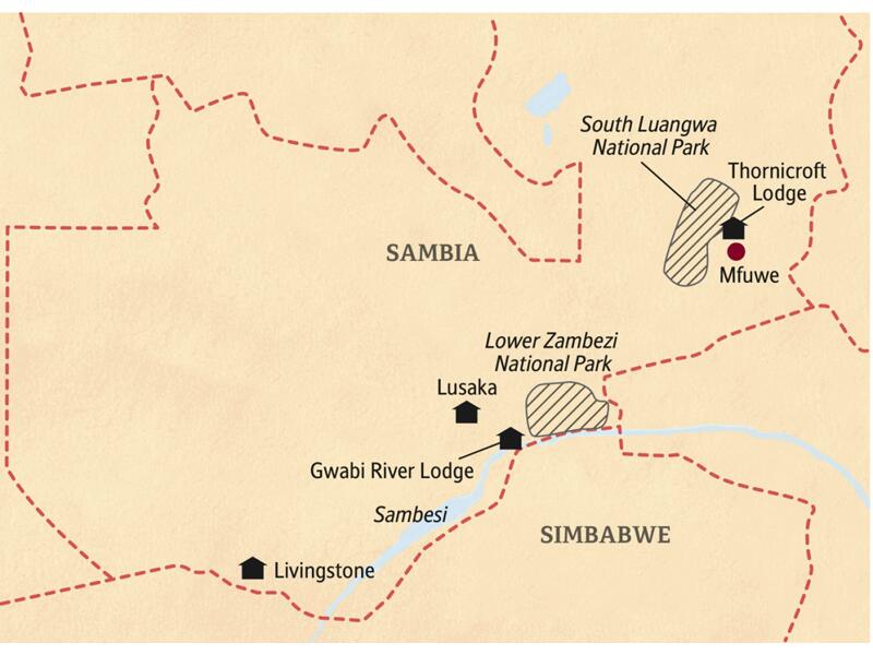 Karte der smart & small-Reise durch Sambia. Mit Studiosus-Reiseleiter zwei Wochen lang auf Safari in den schönsten Nationalparks des Landes. Und zum Schluss auf an die Viktoriafälle