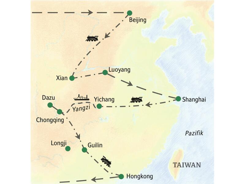 Bei der umfassenden China-Reise mit Yangzi von Studiosus kommen Sie unter anderem nach  Beijing, Xian, Luoyang, Shanghai, Yichang, Chongqing, Guilin, Shenzen und Hongkong.