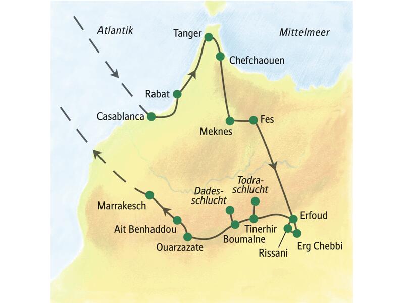 In zwei Wochen mit Ihrer Studiosus-Reiseleiterin die Vielfalt Marokkos kennenlernen: die Königsstädte Rabat, Meknes, Fes und Marrakesch, dazu den Norden mit Rifgebirge, Tanger und Chefchaouen, die Landschaften am Sahararand und die Straße der Kasbahs. Eine Studienreise, die alle Sinne berührt. Hier der Reiseverlauf der Studienreise Marokko - zwischen Rif und Atlas