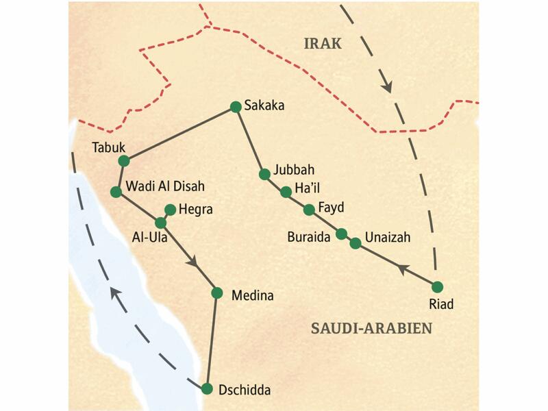 Bei unserer Studiosus-Reise nach Saudi-Arabien kommen wir unter anderem nach Riad, Unaizah, Buraida, Fayd, Ha'il, Jubbah, Sakaka, Tabuk, Wadi Al Disah, Al-Ula, Hegra, Medina und Dschidda