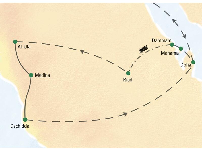 Bei unserer Studienreise nach Bahrein, Saudi-Arabien und Katar kommen Sie unter anderem nach Doha, Manama, Dammam, Riad, Al-Ula, Medina und Dschidda.