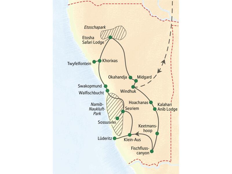 In 18 Tage erleben Sie auf dieser Rundreise alle Höhepunkte Namibias von Süd nach Nord mit Fish River Canyon bis Etosha Park.