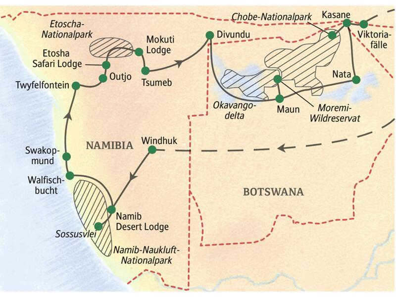 Die Naturerlebnis-Reise Namibia-Botswana - Wunder der Natur ist eine 20-tägige Studienreise über Land von Windhuk zum Atlantik, zum Etoschapark und weiter durch die Kalahari zu den Viktoriafällen. Kleine Gruppe mit maximal 20 Teilnehmern.