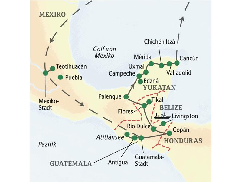 Die Reiseroute der umfassenden 21-tägigen Studienreise durch Mexiko und Guatemala startet in Mexiko-Stadt und führt nach Guatemala mit dem Atitlánsee, Antigua sowie Tikal und wieder zurück nach Mexiko über die Halbinsel Yukatan bis nach Cancún. Ein Abstecher nach Copán in Honduras ist auch dabei.