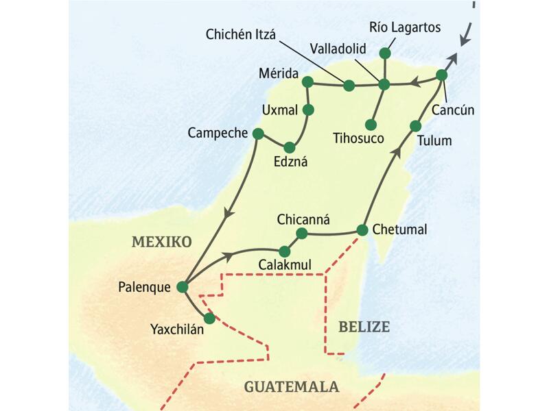 Unsere Reiseroute durch Mexiko startet in Cancún und führt über Chichén Itzá, Uxmal, Campeche, Palenque, Calakmul und Chetumal zurück zu unserem Ausgangspunkt. Auf Ausflügen erleben Sie auch authentische Mayakultur in Tihosuco, entdecken Yaxchilán und unternehmen Bootsfahrten im Biosphärenreservat Ría Lagartos und auf der Lagune von Bacalar.