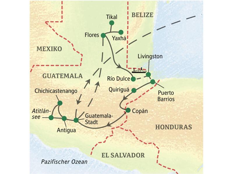 Unsere Studienreise durch Guatemala startet in Antigua, führt zum Atitlánsee, nach Chichicastenango, Tikal und Livingston sowie mit einem Abstecher nach Copán in Honduras in die Hauptstadt Guatemala-Stadt.