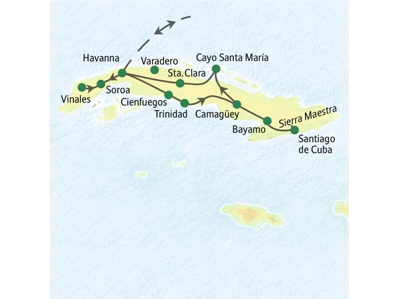 Die wichtigsten Stationen der 16-tägigen umfassenden Studienreise durch Kuba: Havanna, Vinales, Cienfuegos, Trinidad, Santiago de Cuba und Cayo Santa María.