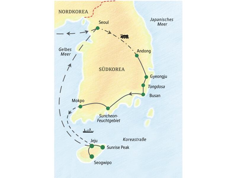 Unsere Reiseroute durch Südkorea startet in Seoul und führt über Andong, Busan, das Suncheon-Feuchtgebiet zurück nach Seoul. Auch die Insel Jeju erleben Sie auf dieser Studienreise.