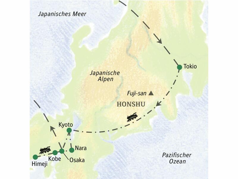 Unsere Reiseroute durch Japan startet in Tokio und führt dann nach Kobe, Nara und Kyoto. Mit Hochgeschwindigkeit rauschen wir außerdem im Shinkansen nach Himeji.