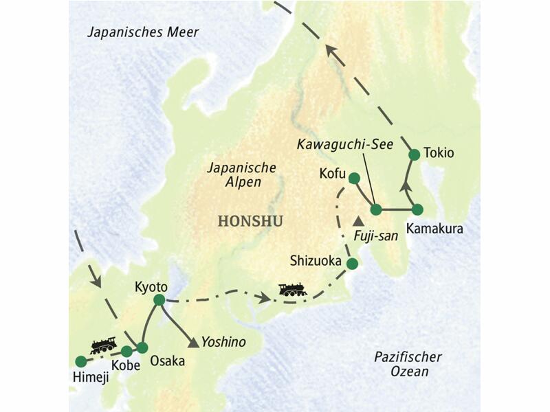 Unsere Reiseroute durch Japan startet in Osaka, führt nach Kobe und Kyoto sowie über Kamakura nach Tokio. Auch machen wir einen Tagesausflug mit dem Shinkansen nach Himeji.