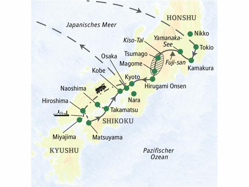 Diese attraktive Studienreise durch Japan führt nach Tokio, in die Japanischen Alpen, die Kaiserstadt Kyoto, nach Hiroshima, auf die Kunstinsel Naoshima und schließlich über Shikoku bis nach Kobe.