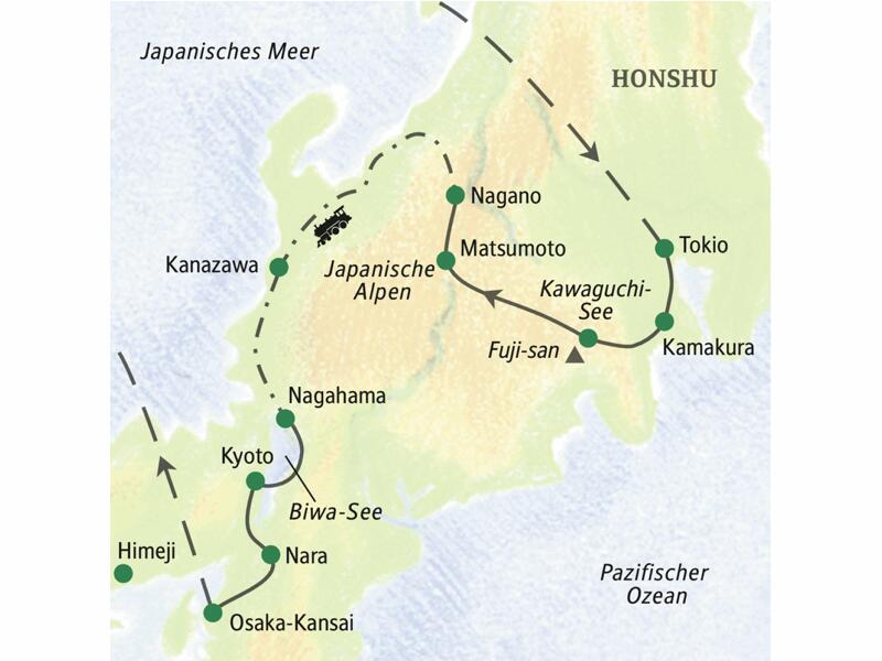 Die Reiseroute unserer 14-tägigen Studienreise mit Muße durch Japan startet in Tokio, führt über Kamakura, Nagano, Nagahama, Kyoto und endet in Osaka. Wir erleben die Japanischen Alpen und den Biwa-See.