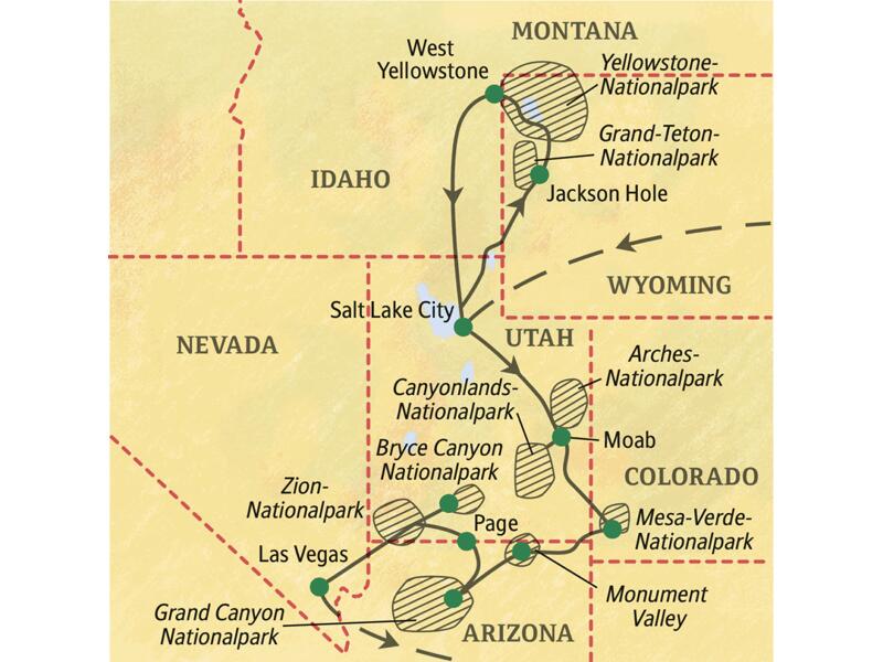 Die Route dieser Rundreise führt in 17 Tagen von Salt Lake City zum Yellowstone-Nationalpark und durch die Canyonlandschaften Utahs weiter zum Monument Valley und zum Grand Canyon. Die Studienreise endet spektakulär in Las Vegas.