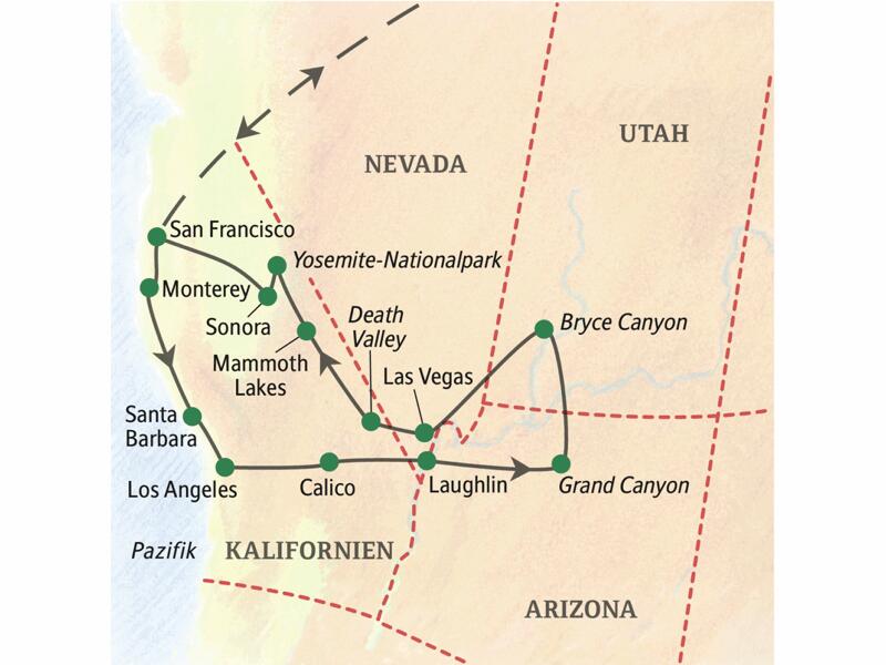 Karte der USA mit eingezeichnetem Verlauf der Studiosus-Studienreise USA - die Westküste