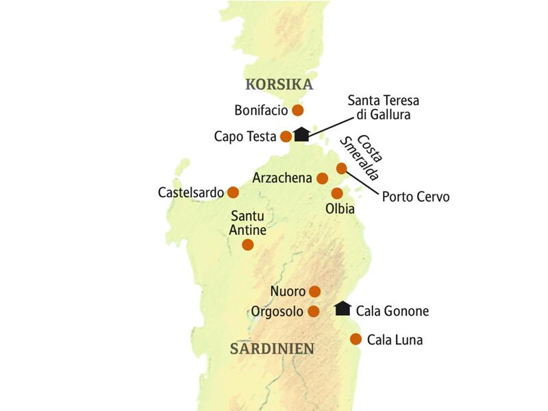 Unsere Rundreise auf Sardinien führt nach Arzachena, Castelsardo, Santa Teresa di Gallura, Nuoro, Orgosolo und Cala Gonone.