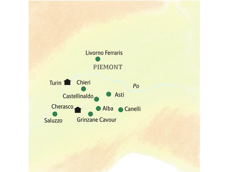 Unsere Reiseroute durch das Piemont führt u.a. über Turin, Canelli, Chieri, Asti, Alba und Saluzzo.