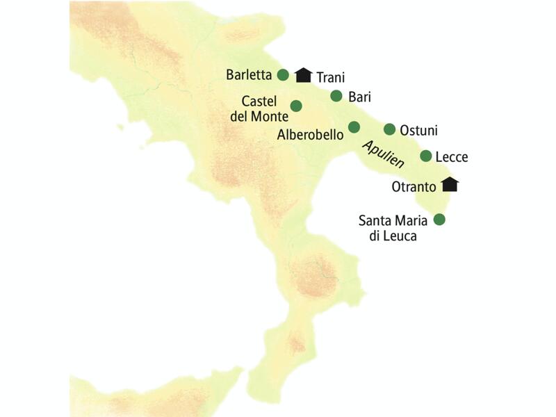 Auf der Karte der smart&small-Reise durch Apulien sind unter anderem die Hotelstandorte Trani und Otranto eingezeichnet. Zudem noch die Ortschaften Barletta, Bari, Castel del Monte, Alberobello, Ostuni, Lecce und Santa Maria di Leuca.