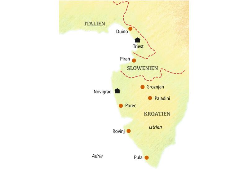 Erleben Sie auf dieser Rundreise in kleiner Gruppe Triest und Istrien mit einem Sprizz Leichtigkeit: italienische Eleganz in Triest und das mediterrane Flair von Städten wie Pula und Rovinj.