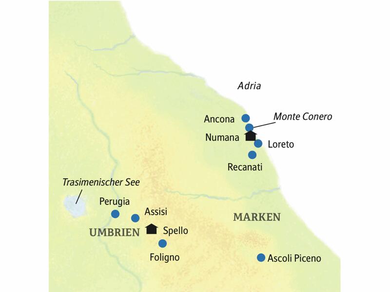Bei unserer Rundreise in kleiner Gruppe durch Umbrien und die Marken führt uns die Route von Spello über Assisi, Perugia, Ancona und Loreto nach Numana ans Meer.