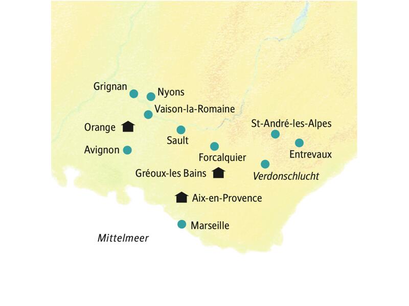 Auf dieser smart&small-Rundreise in die Hochprovence wohnen wir in Aix-en-Provence, Gréoux-les Bains und Orange. Von dort aus unternehmen wir entspannte Ausflüge in die teils zauberhafte, teils wildromantische Bergwelt. Auf Wunsch auch mit Ausflug nach Avignon, die Stadt der Päpste.