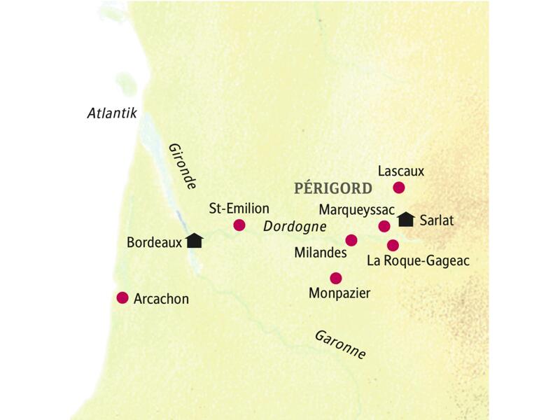 Von zwei Standorten aus - in Bordeaux und bei Sarlat - erkunden wir auf unserer smart&small-Rundreise die Region rund um Bordeaux und das Périgord, dabei u. a. Lascaux, St-Emilion, Milandes.