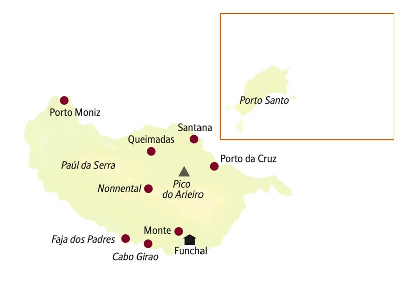 Die Karte zeigt Orte, die auf unserer Madeirareise in kleiner Gruppe besucht werden: Funchal, Cabo Girao, Faja dos Padres, Monte, Porto Moniz, Queimadas, Santana und Porto da Cruz.