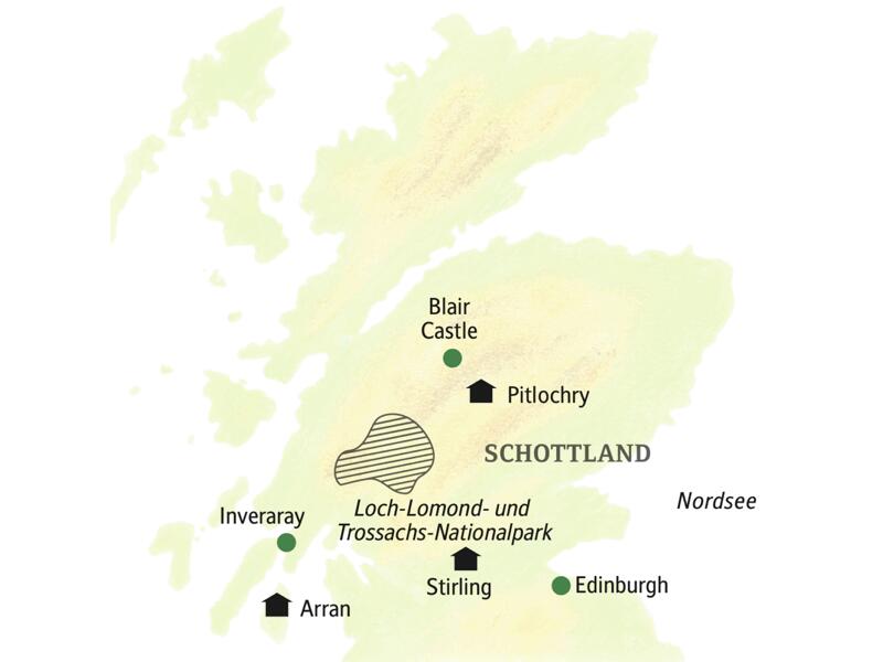 Die Karte zeigt die Hotelstandorte und Highlights unserer Schottlandreise in kleiner Gruppe: Edinburgh, Pitlochry, Blair Castle, Arran, Stirling und Inveraray.