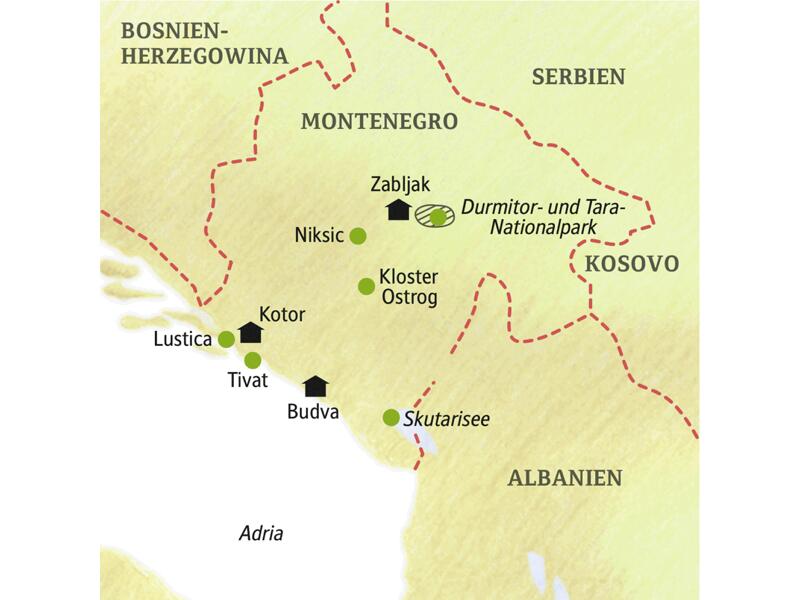 Die Stationen unserer Montenegroreise in kleiner Gruppe sind Budva, Kotor und Zabljak.