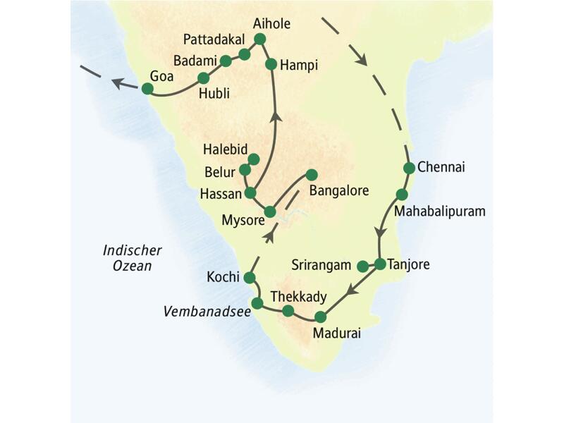 Reiseroute der umfassenden Studienreise durch Südindien: Nach Ankunft in Chennai Fahrt nach Mahabalipuram. Von dort Richtung Süden nach Tanjore, Srirangam, Madurai, dann durch Kerala von Thekkady über den Vembanadsee nach Kochi, im Anschluss durch Karnataka, Mysore, Chikmagalur, Hampi und Badami nach Goa