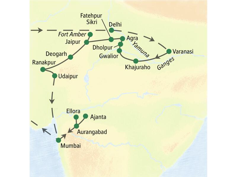 Die Karte zeigt die Route unserer 18-tägigen Klassik-Studienreise Indien - Höhepunkte: Delhi, Varanasi, Khajuraho, Gwalior, Dholpur, Agra, Fatehpur Sikri, Fort Amber, Jaipur, Deogarh, Ranakpur, Udaipur, Aurangabad, Ellora, Ajanta, Mumbai.
