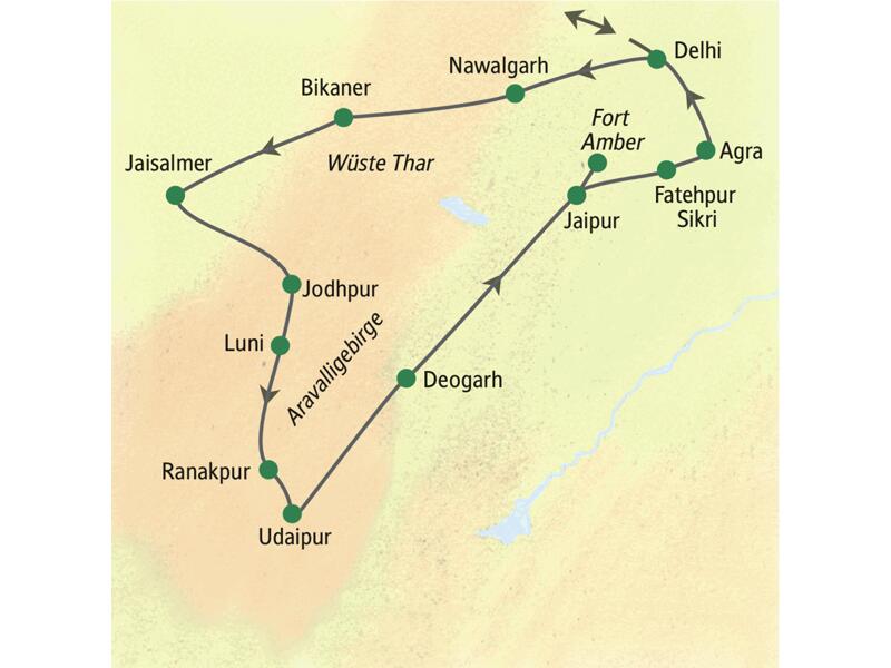 Die Karte zeigt den Verlauf der 15-tägigen Studienreise Rajasthan - zum Kennenlernen: Delhi, Nawalgarh, Bikaner, Jaisalmer, Jodhpur, Luni, Ranakpur, Udaipur, Deogarh, Jaipur, Fatehpur Sikri und Agra.