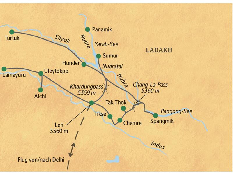 Die Studiosus-Expeditionsreise Ladakh - Höhepunkte im Himalaya beginnt in Delhi und führt über Leh, Uleytokpo, das Nubratal, den Pangong-See und Tikse wieder zurück nach Leh.