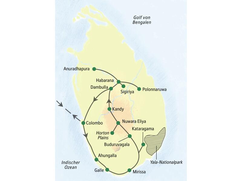Die Reiseroute dieser 16-tägigen Studienreise führt von Colombo über Galle, Mirissa, Kataragama und Habarana wieder zurück nach Colombo.
