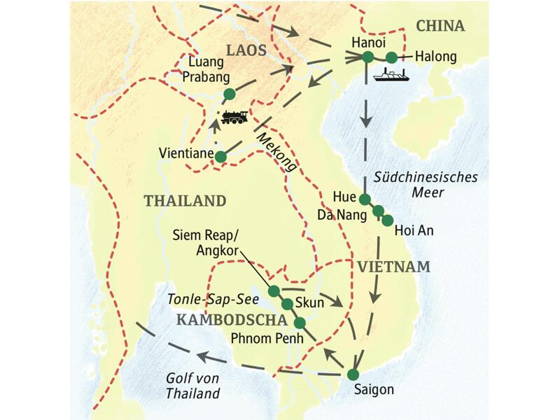 Unsere Reiseroute führt auf dieser 20-tägigen Studienreise nach Laos, Vietnam und Kambodscha und zu allen Höhepunkten der Länder. Blicken Sie mit Ihrer Studiosus-Reiseleiterin hinter den Bambusvorhang und entdecken Sie den Zauber Indochinas!